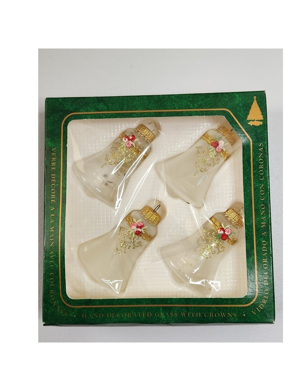 Christmas by Krebs Hand Decorated Glass Bell Ornaments Set of 4 Frosted White